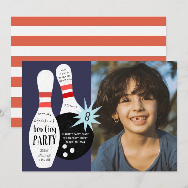 Modern Bowling Blue & red Birthday Party Invitation (Front/Back)