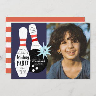 Modern Bowling Blue & red Birthday Party Invitation