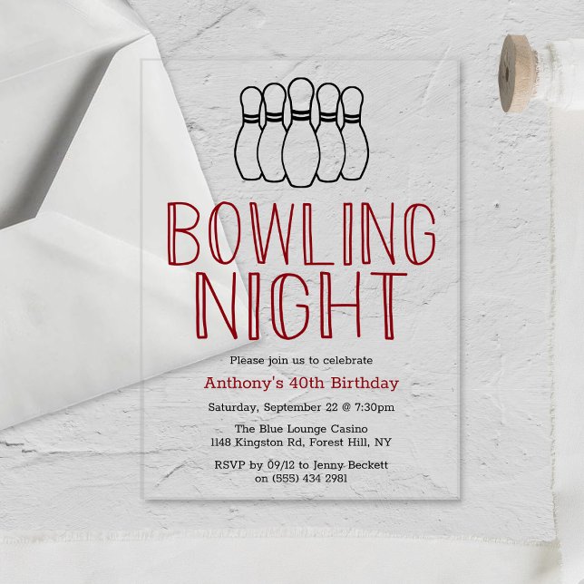 Modern Bowling Night Birthday Party Acrylic Invitations (Creator Uploaded)