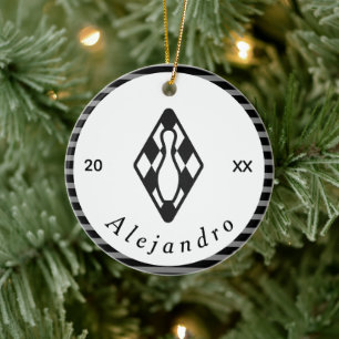 Modern Bowling Pin Design Black White Custom Name Ceramic Ornament