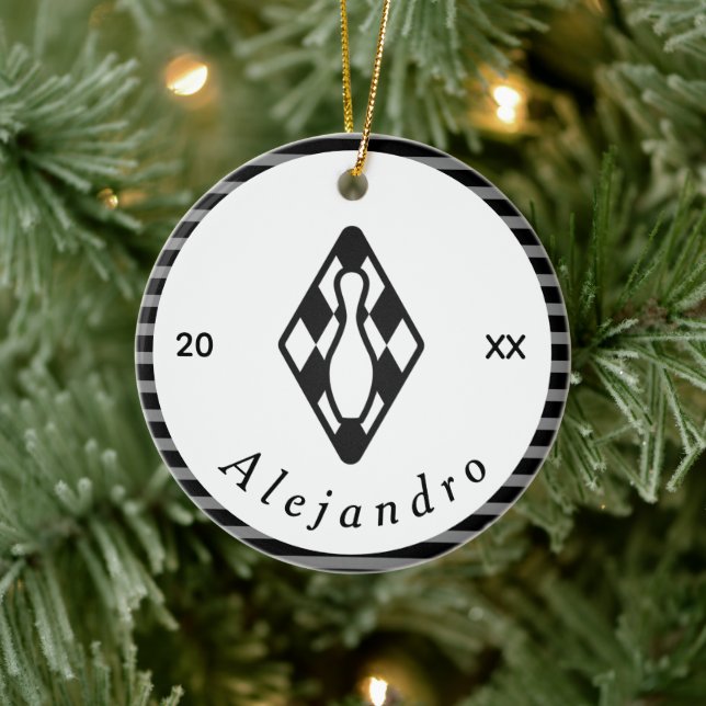 Modern Bowling Pin Design Black White Custom Name Ceramic Ornament (Tree)