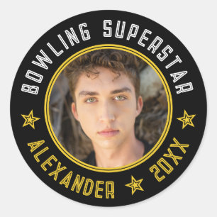 Modern Bowling Superstar Name Photo Date Black  Classic Round Sticker