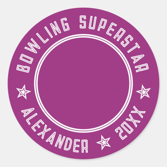 Modern Bowling Superstar Purple Pink Name Photo  Classic Round Sticker (Front)