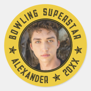 Modern Bowling Superstar Yellow Name Photo Date   Classic Round Sticker