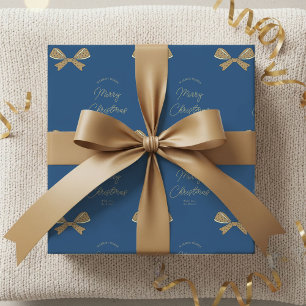 Modern Bows Family Name Christmas Blue & Cream Wrapping Paper