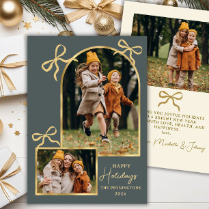 Modern Bows Happy Holidays Arch 3 Photo Green      Holiday Card