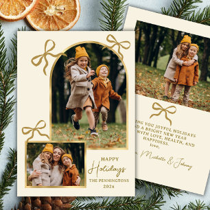 Modern Bows Happy Holidays Gold Arch 3 Photo Holiday Card