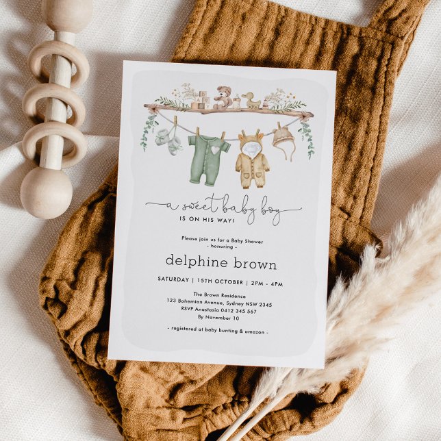 Modern Boy Baby Shower Nursery Clothes Invitation (Creator Uploaded)