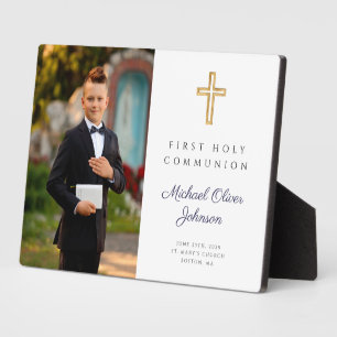 Modern Boy Blue First Holy Communion Photo  Plaque