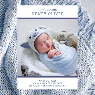 Modern Boy Blue Photo Birth Announcement