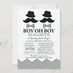 Modern Boy Little Man Moustache TWINS Baby Shower Invitation