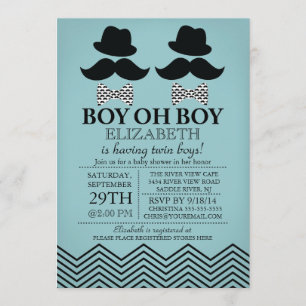 Modern Boy Little Man Moustache TWINS Baby Shower Invitation
