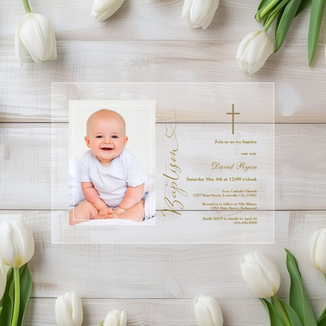 Modern Boy Photo Gold Calligraphy Baptism Acrylic Invitations (Creator Uploaded)