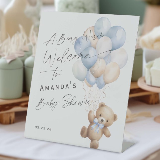 Modern Boy Shower Bearly wait Welcome Sign (Blue Baby Boy Shower, We Can Bearly Wait Themed Pedestal Welcome Sign.)