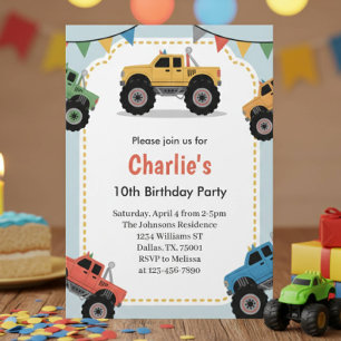 Modern Boys Monster Truck Birthday Party Invitation