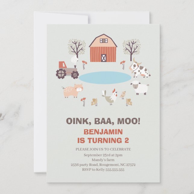 Modern Boys Oink Baa Moo Farm Birthday Invitation (Front)