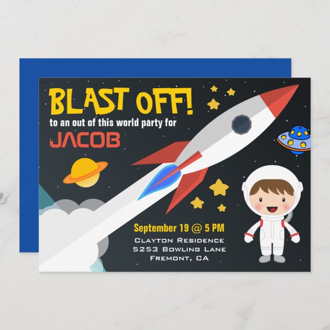 Modern Boys Outer Space Rocket Birthday Party Invitation (Front/Back)