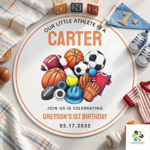 Modern Boys Sports Balls All Star 1st Birthday  Classic Round Sticker