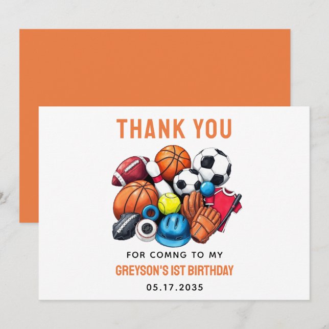 Modern Boys Sports Balls All Star 1st Birthday  Thank You Card (Front/Back)