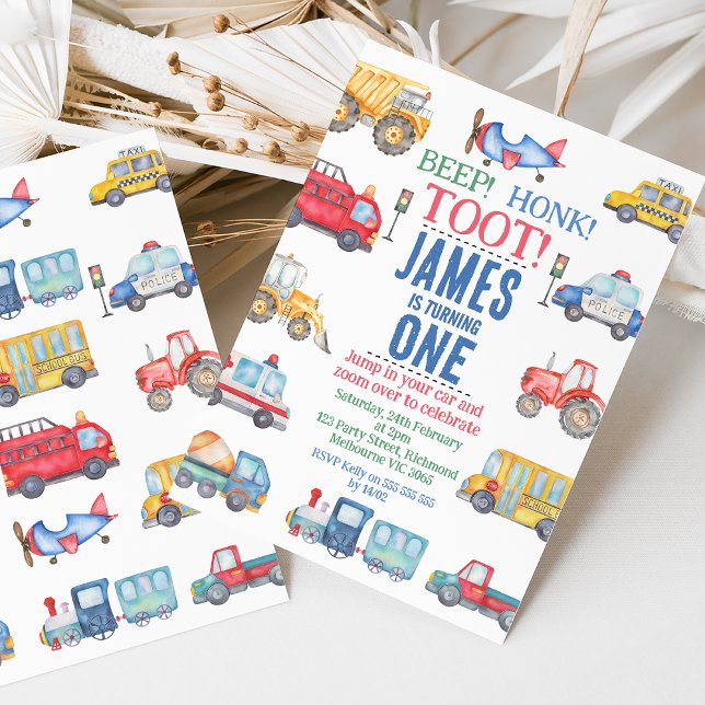Modern Boys Transport 1st Birthday Invitation (Colorful modern transport 1st birthday invitation featuring various vehicles and colorful text. )