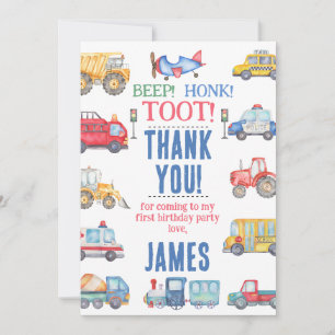 Modern Boys Transport 1st Birthday Thank You Card