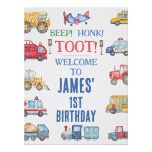 Modern Boys Transport 1st Birthday Welcome  Poster