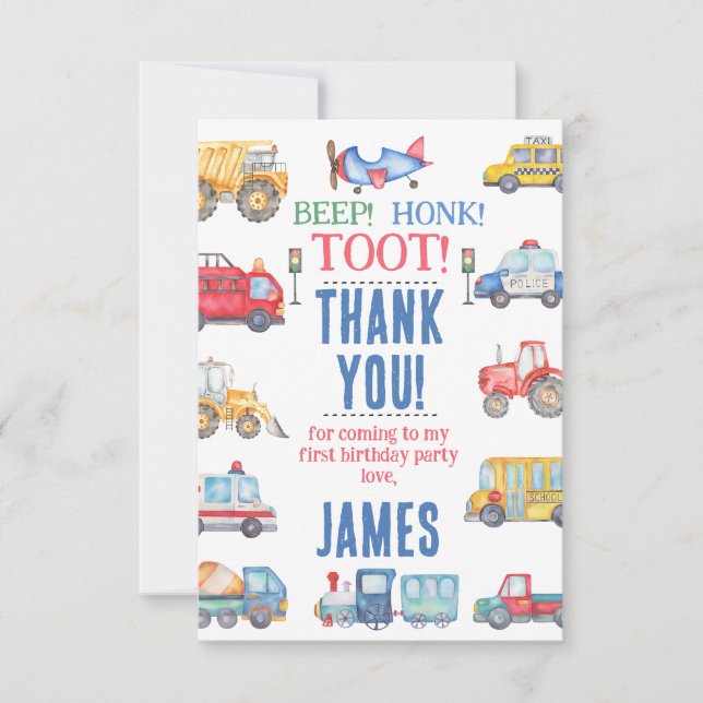 Modern Boys Transport Birthday Thank You Card  (Front)