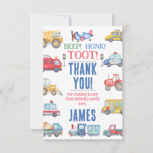 Modern Boys Transport Birthday Thank You Card
