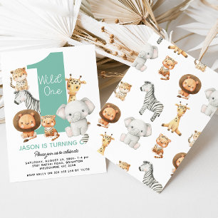 Modern Boys Wild One Safari Animals 1st Birthday Invitation