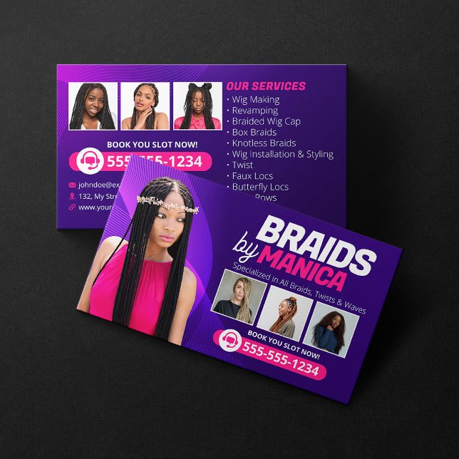 Modern Braiding Salon Hair Extensions Braids Wigs Business Card (Creator Uploaded)