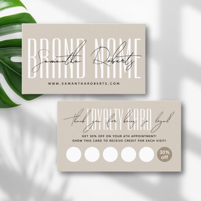 Modern brand name script typography beige loyalty card (Creator Uploaded)