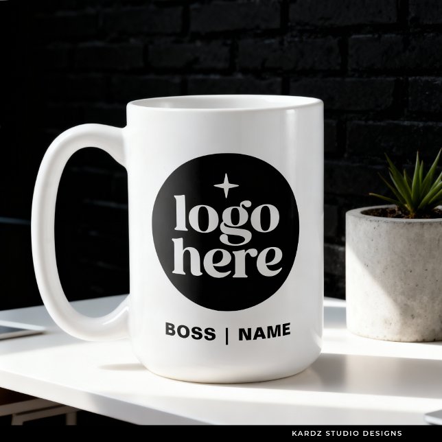 Modern Branded Logo Employee Coffee Mug (Mug shown in 15 oz. Add your logo and name, website, or tagline. Choose size and mug style.)
