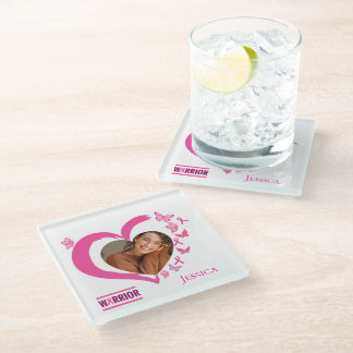Modern Breast Cancer Warrior Photo Name  Glass Coaster