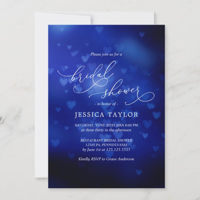 Modern Bridal Shower blue hearts Bokeh Invitation (Front)