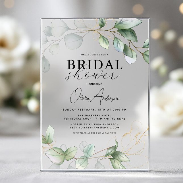 Modern Bridal Shower Botanical Eucalyptus Rustic Acrylic Invitations (Creator Uploaded)