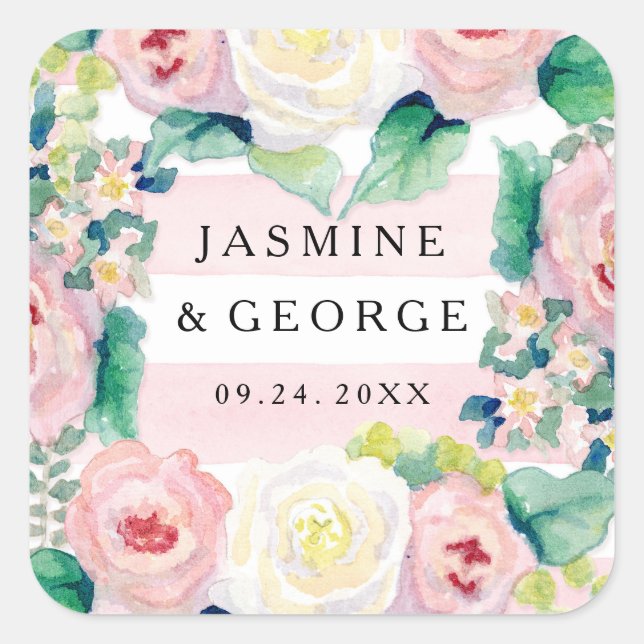 MODERN Bridal Shower Chic Wide Stripes w Roses Square Sticker (Front)
