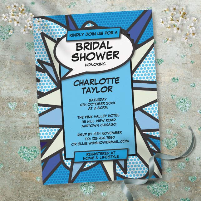 Modern Bridal Shower Comic Book Blue Fun Invitation (Modern Bridal Shower Comic Book Blue Fun Invitation)