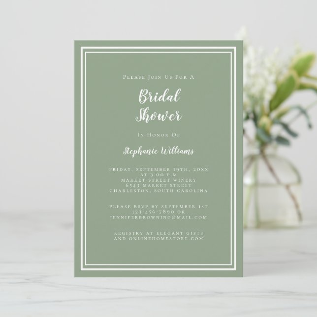 Modern Bridal Shower Elegant Chic Sage Green Invitation (Standing Front)