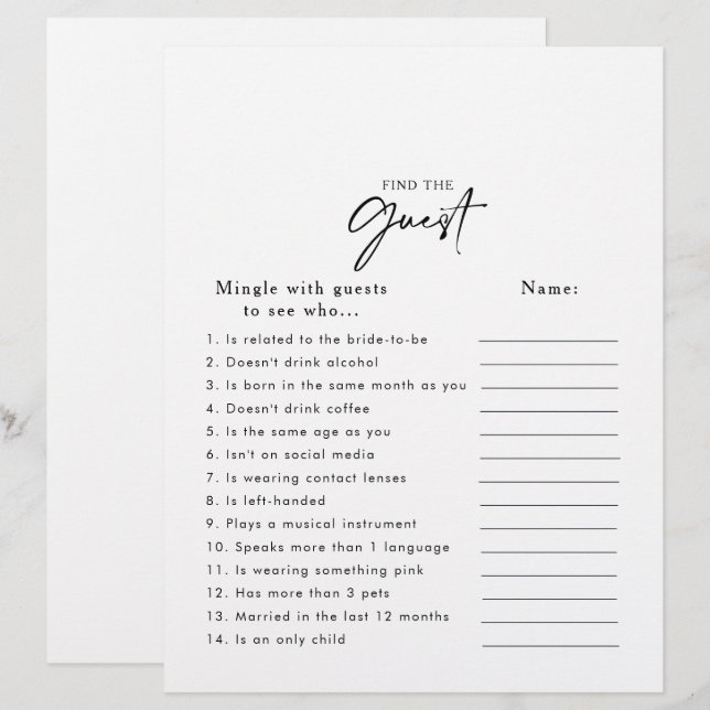 Modern Bridal Shower Find the Guest Game (Front/Back)