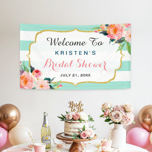 Modern Bridal Shower Floral Mint Green Stripes Banner