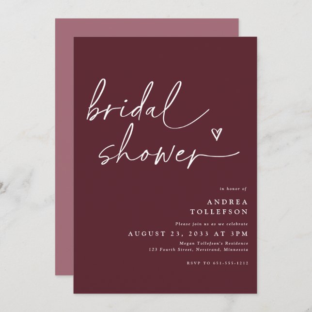 Modern Bridal Shower Invitation in Merlot Wine (Front/Back)