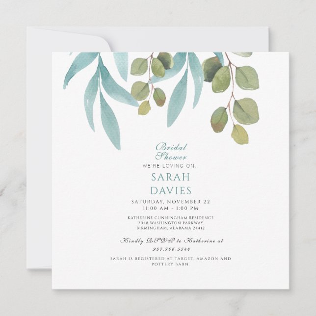 Modern Bridal Shower Teal Foliage Square Invitation (Front)