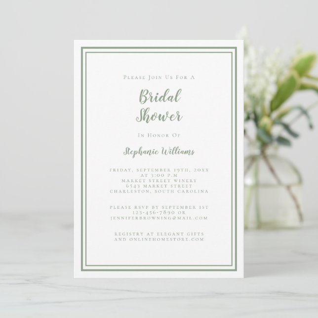 Modern Bridal Shower Wedding Elegant Sage Green Invitation (Standing Front)