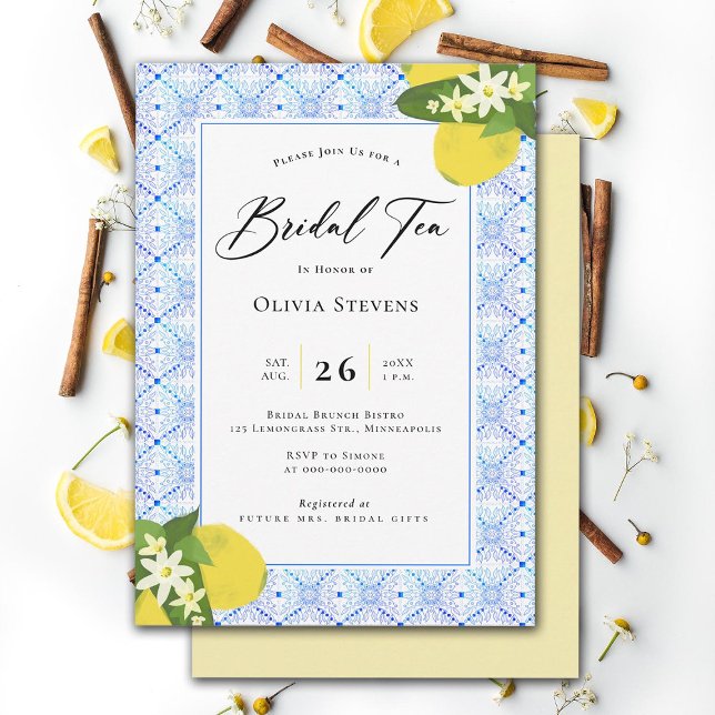 Modern Bridal Tea Lemons Portuguese Tiles Shower Invitation (bridal tea party lemons blue tiles modern elegant garden backyard stylish chic classic)