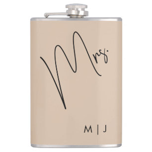 Modern Bride Beige + Black Script Hip Flask