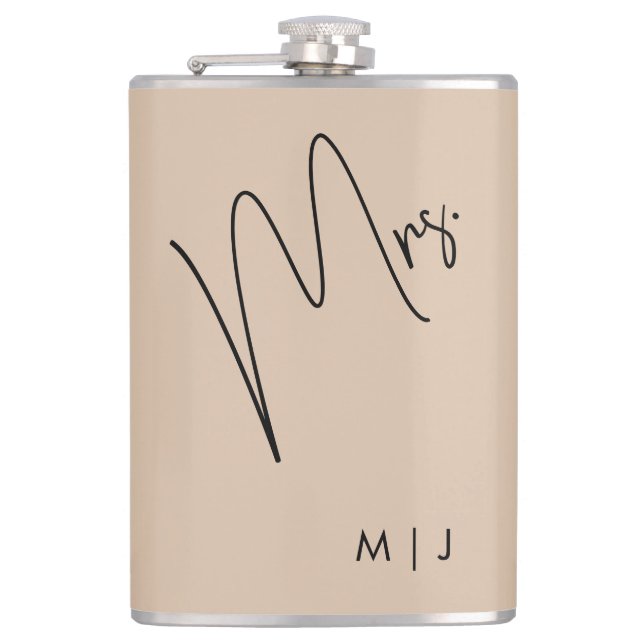 Modern Bride | Beige + Black Script Hip Flask (Front)