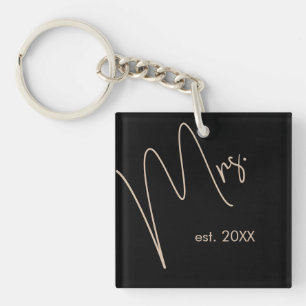 Modern Bride   Beige + Black Script Key Ring