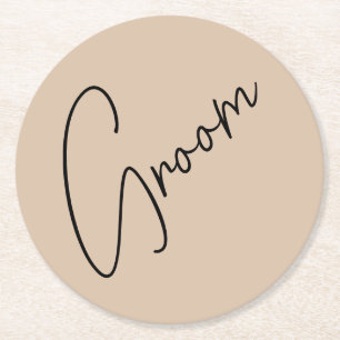 Modern Bride Beige + Black Script Round Paper Coaster