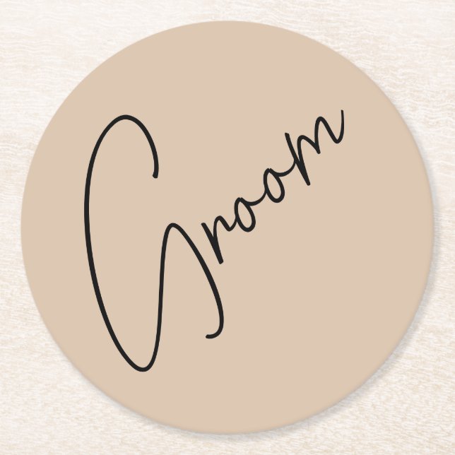 Modern Bride | Beige + Black Script Round Paper Coaster (Front)
