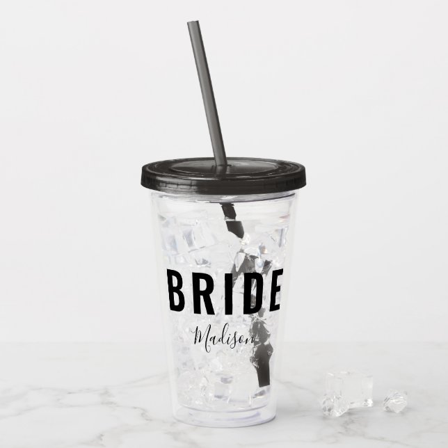 Modern Bride Black Script Handwriting Personalised Acrylic Tumbler (Front Ice)